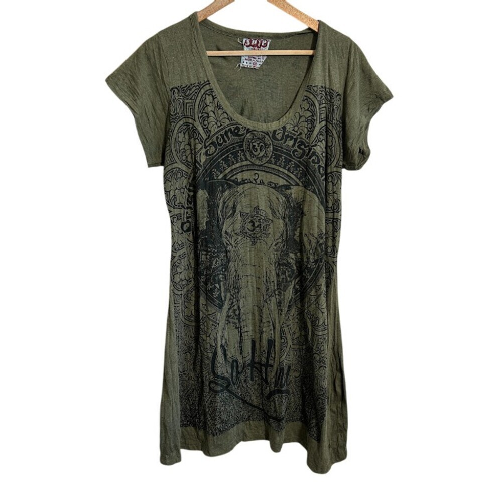 Sure Design 3rd Eye Spiritual Protection T Shirt Dress XL Green Elephant Boho